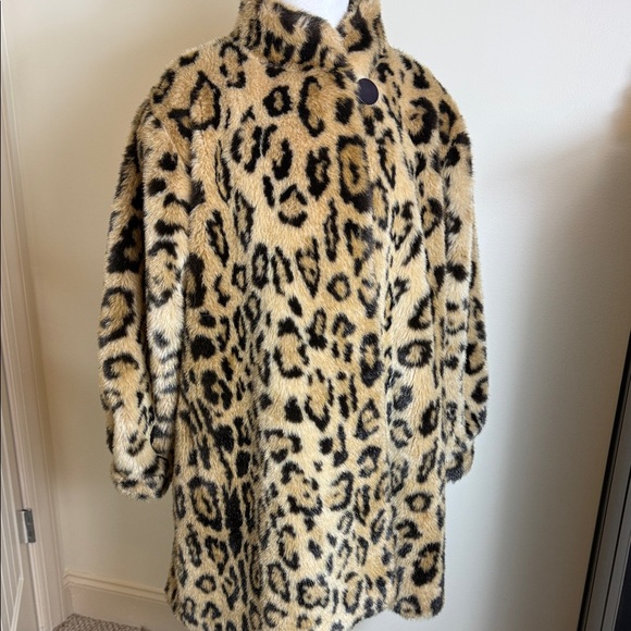 Faux Fur Leopard Print Coat Vintage 80s Large XL - Picture 2 of 9